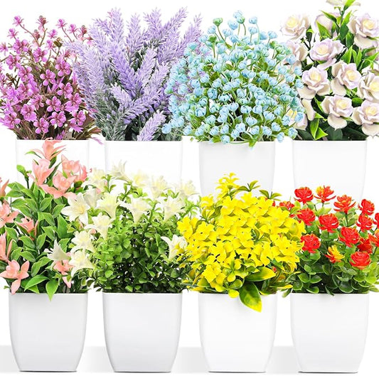 LELEE Artificial Plants Mini Fake Potted Plants, 8 pcs Small Eucalyptus Potted Faux Decorative Grass Plant with Flower for Home Decor, Indoor, Office, Desk, Shelf, Table Decoration