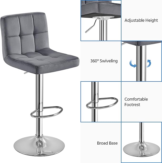 Yaheetech Bar Stools Set of 2, Adjustable Velvet Fabric Swivel Barstools, Modern Counter Stools with Back and Footrest, Counter Height Barstools for Bar, Kitchen, Dining Room, Dark Gray