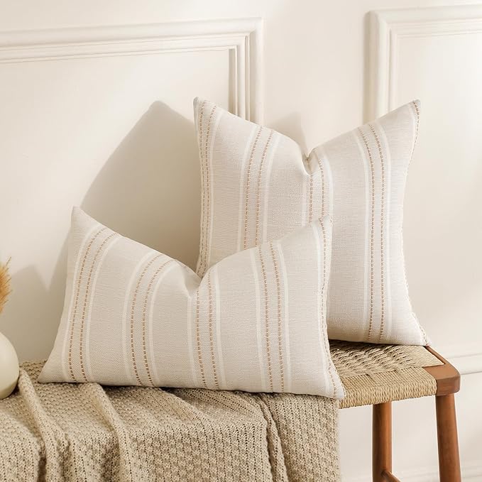 Hckot Throw Pillow Covers 12x20 Set of 2 Striped Pillow Covers Textured Linen Decorative Pillows Lumbar Cushion Covers for Sofa Couch Bed Living Room Farmhouse Decor, Khaki
