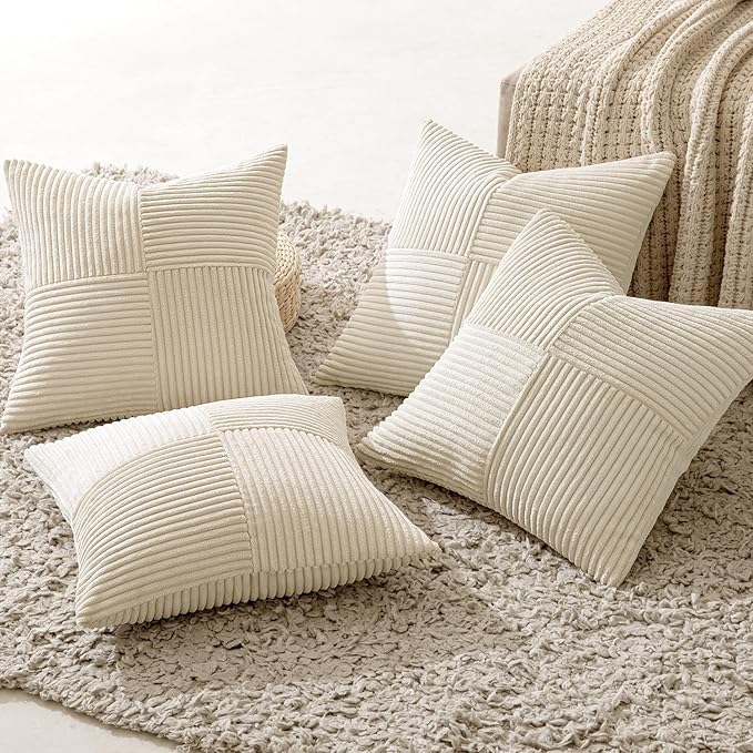 MIULEE Beige Throw Pillow Covers 16x16 Inch Set of 4 Boho Patchwork Cushion Cases Modern Farmhouse Pillow Cases with Invisible Zipper Corduroy Striped Home Decor for Couch Sofa Bedroom