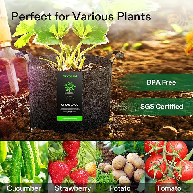 VIVOSUN 10-Pack 7 Gallon Grow Bags, Reinforced Planter Fabric Pots for Gardening Black