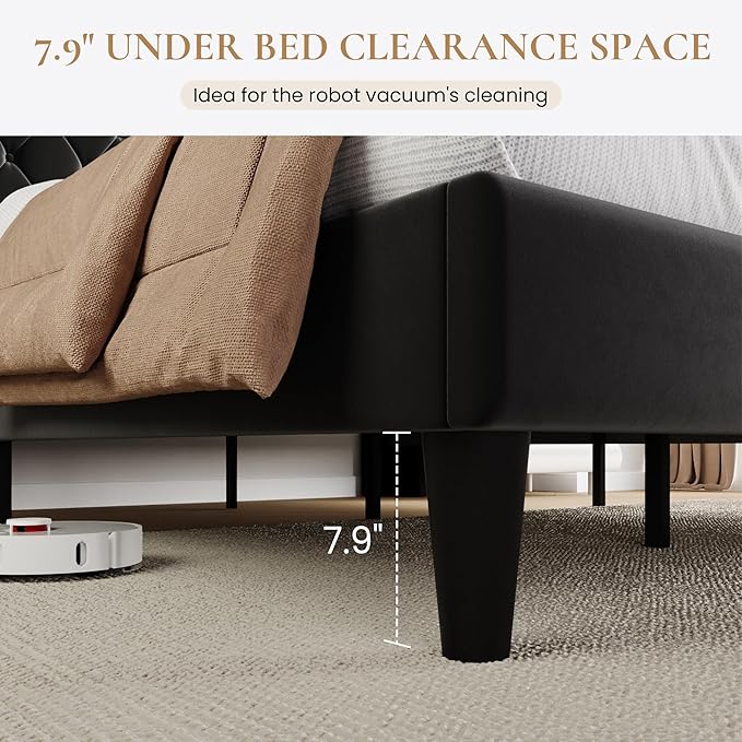 SHA CERLIN King Size Platform Bed Frame with Charging Station, Velvet Wingback Headboard with Storage Shelf, Wooden Slats Support, Ample Under-Bed Space, No Box Spring Needed, Easy Assembly, Black