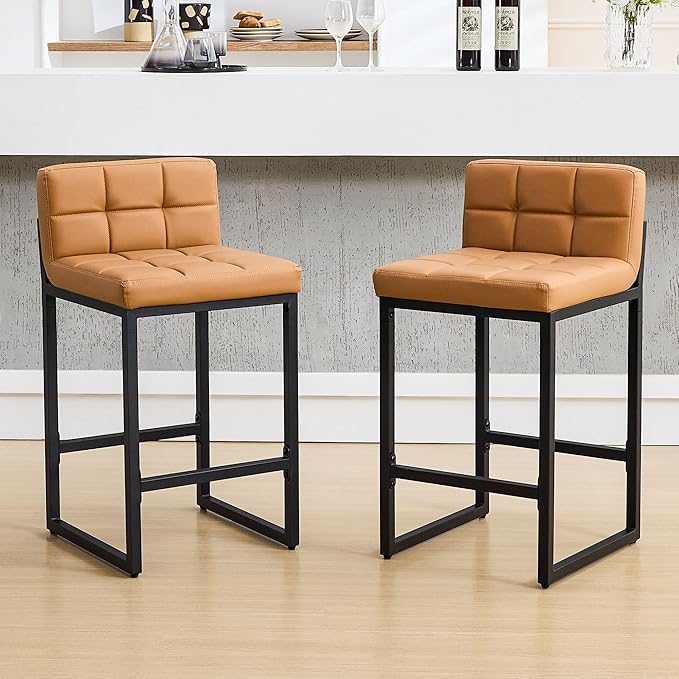 Counter Height Bar Stools Set of 2, Modern Faux Leather Counter Stools with Low Back and Footrest, Upholstered Bar Chairs for Kitchen Island, Bar, Counter (Caramel Brown, 2Pcs 26" Bar Stools)