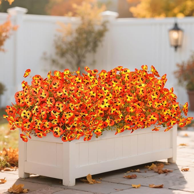 16 Bundles Artificial Fall Flowers for Outdoors Decoration, Fake Pansy Flowers UV Resistant Silk Faux Pansies Autumn Plants for Garden Window Box Patio Planter Porch Home Decor, Orange