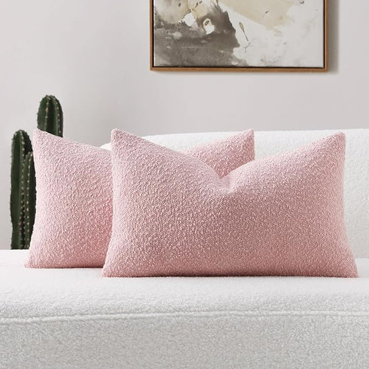FUTEI Pack of 2 Pink Decorative Throw Pillow Covers 12x20 Inch Soft Cozy Solid Boucle Textured Lumbar Pillow Cases,Modern Home Decor for Couch Bed Living Room