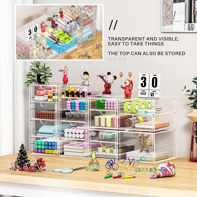 Makeup Organizer Storage With 16 Drawers, 4 Pcs Desktop Office Supplies, Desk Organizers, Clear Accessories, Dustproof Drawer and for Make Up, Jewelry, Pen, Stationary