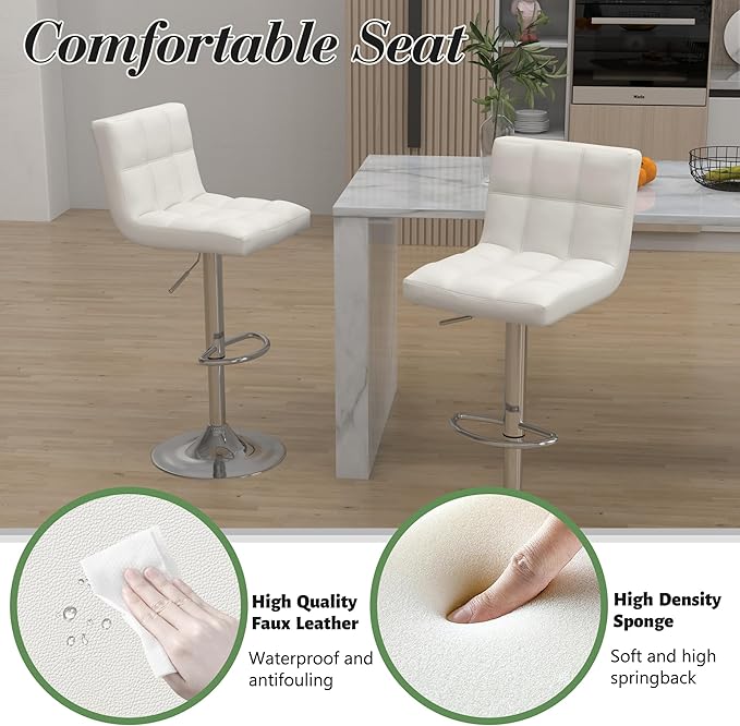 Modern Counter Height Bar Stools Set of 2, Armless Adjustable Swivel Square Bar Chairs Kitchen Barstools with PU Leather and Large Base for Dining Room/Island(White)