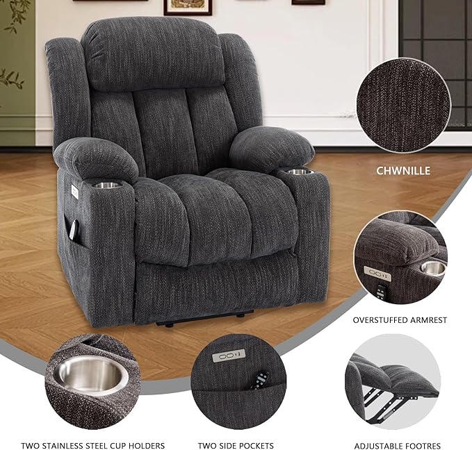 Power Lift Recliner Chair, 350lb Capacity with 8-Point Massage & Heating, USB/Type-C Ports & Cup Holders, Heavy Duty Chenille Recliner for Elderly, Grey