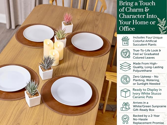 SUNPRAIRIE Classic Set of 4 Faux Succulents 7” Tall in Ivory White Stucco Ceramic Pots-Realistic Multi Colored Artificial Succulents Plants for Home & Office Decor.