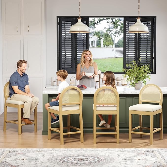 STHOUYN Upholstered Rattan Bar Stools Set of 4, Wooden Counter Height Stools with Natural Rattan Woven Back and Chenille Seat, Mid-Century Modern Island Chairs Barstools for Kitchen (4, Cream White)