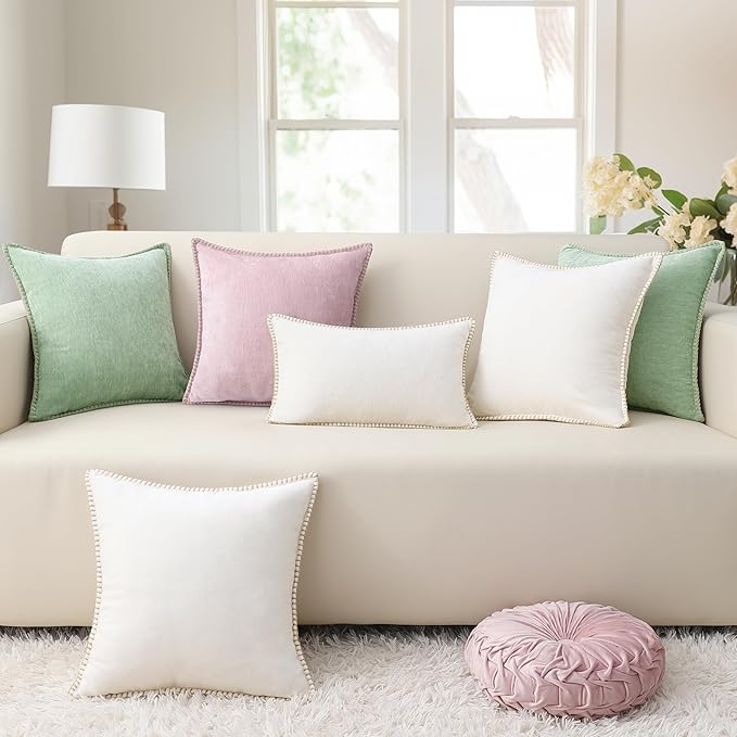 decorUhome Chenille Soft Throw Pillow Covers 26x26 Set of 2, Farmhouse Velvet Neutral Decorative Euro Pillow Covers with Stitched Edge for Couch Sofa Bed Home Decor, Cream White