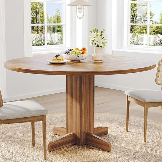 Garvee Round Dining Room Table for 4-6, 47" Wood Kitchen Table with Sturdy Pedestal Base, Farmhouse Circle Dinner Tables for Living Room, Apartment, Walnut