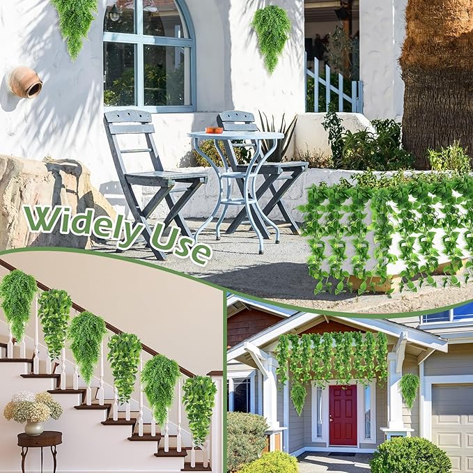 Hoteam 18 Pcs Artificial Hanging Plants 32 Inch Fake Ivy Vines with Fake Leaves Patio Artificial Plants Greenery for Living Room Indoor Outdoor Wall, No Basket (Pothos,Persian Grass)