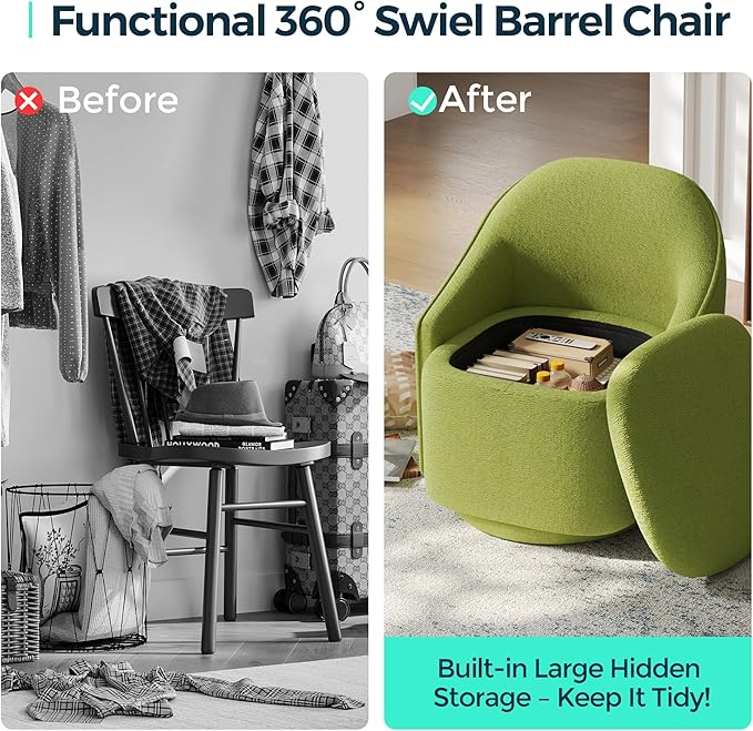 LINSY Swivel Accent Chair with Storage Comfy Chenille Barrel Chairs, Small 360 Swivel Modern Armchair for Living Room Bedroom, Boucle Reading Chair for Study Room (Green)