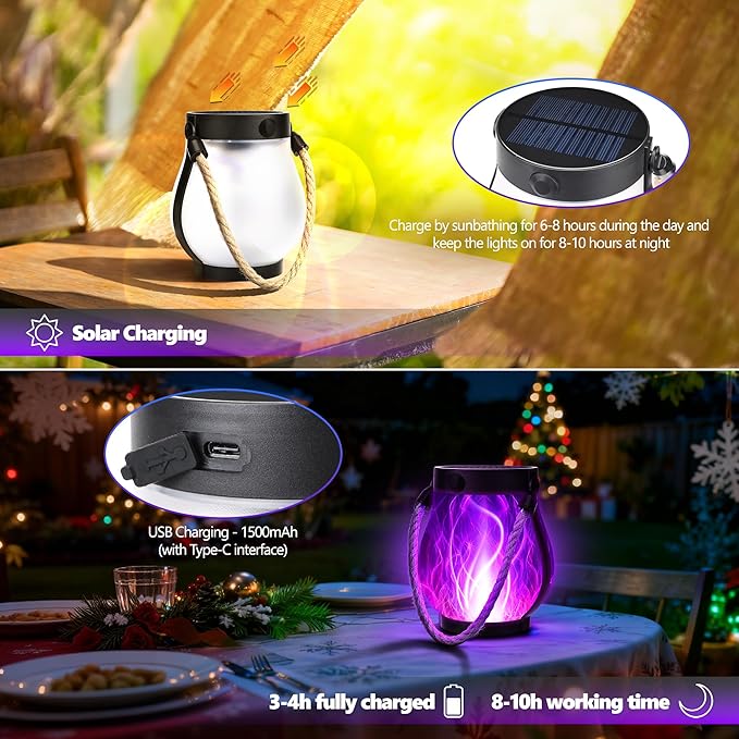 Christmas Solar Flame Lantern Hanging Outdoor Waterproof Purple - 2 Pack Flame Lanterns with Dual Charging Modes of Solar & USB for Garden or Yard Decorations (Purple - 2 Pack)