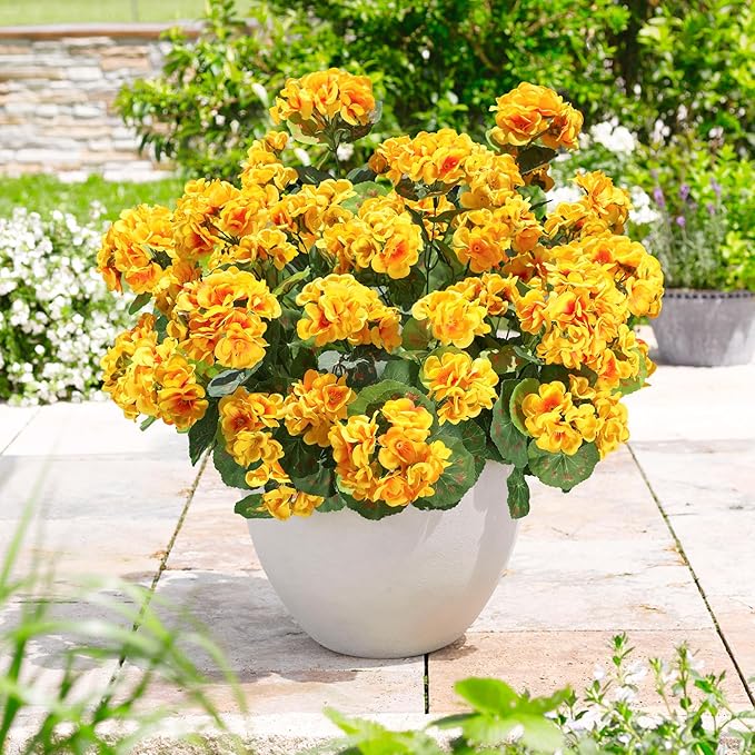 Fake Geraniums Artificial Flowers for Outdoors Fall Autumn Decoration, 6 Bundles Silk Geraniums UV Resistant Look Real Yellow Faux Flowers Plants for Front Door Garden Planter Patio Balcony Yard Home
