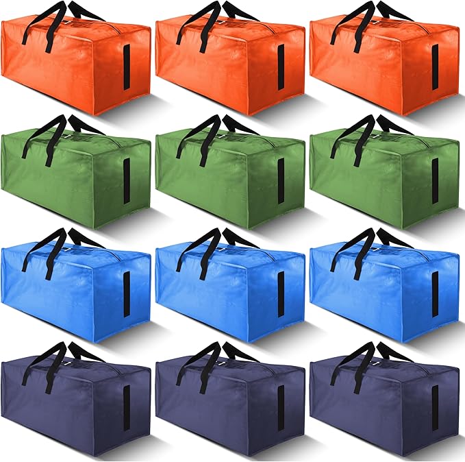 12 Pack Large Strong Moving Bags with Zippers & Carrying Handles - Water-Resistant - Heavy Duty Storage Tote for Space Saving, Fold Flat, Alternative to Moving Box (Multicolored)