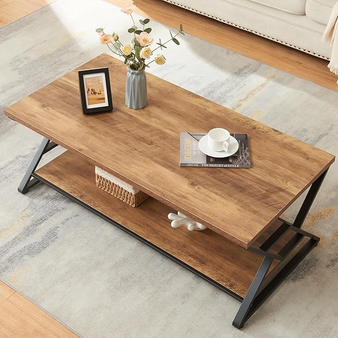HOMISSUE Coffee Table, Rustic Rectangle Coffee Table with 2-Tier Storage, Engineered Wood Center Table with Open Shelves, Minimalist Coffee Table for Living Room, 47 Inch, Oak Brown