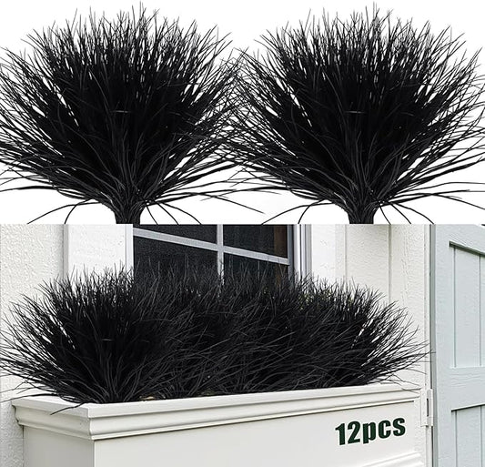 Fake Black Plants,Artificial Grass Fake Plants Outdoor Plants UV Resistant Black Greenery Stems Fake Grass Halloween Plants for Window Garden Patio Pathway Front Porch Halloween Décor 12Pcs(Black)
