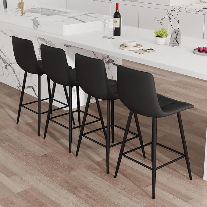 Black Barstools Set of 4, 24.4" Counter Height Bar Stools with Back & Metal Footrest, Modern Island Chairs Set of 4 for Kitchens Island Home Bar