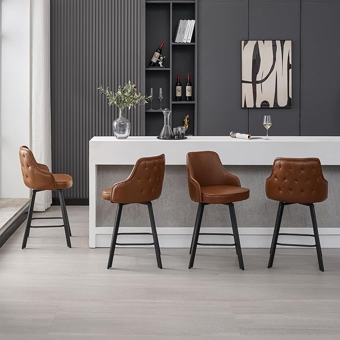 Bar Stools Set of 4, 26" Swivel Counter Height Bar Stools with High Back, Faux Leather Kitchen Barstools Counter Height for Kitchen Island (Dark Brown, 4PCS 26" Counter Stools)