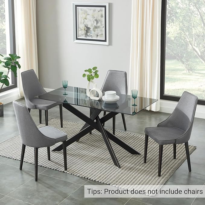 Modern Style Dining Table with Gray Tempered Glass Top and Black Metal Tubular Legs, 58.5”Lx29”Wx30”H