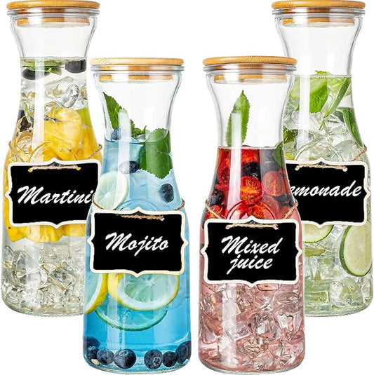 Glass Carafe Pitchers with Bamboo Lids, 4 pcs 1 Liter Beverage Serveware Pitcher Carafe Set for Mimosa Bar, Juice Container for Brunch, Cold Water, Juice -With 4 Wooden Chalkboard Tags