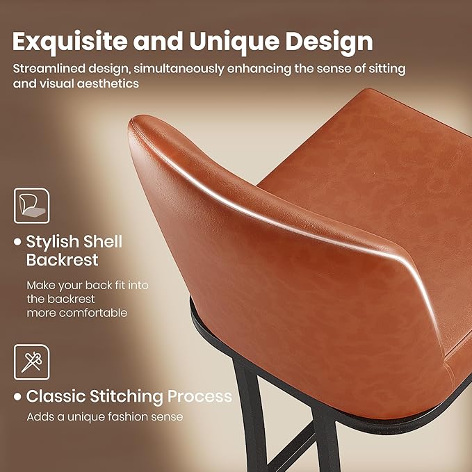 PHI VILLA Brown Bar Stools with Back - Counter Height, Modern Leather, Kitchen Island Chair, 24 inch