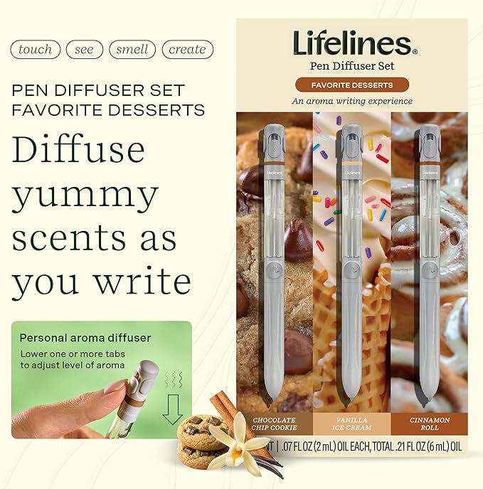Lifelines Pen Diffuser Set, Favorite Desserts 3-Pack - 1mm Black Ballpoint Pens with Scented Essential Oil Blends – Aromatherapy Diffuser & Sensory Immersion Diffuse Aroma As You Write