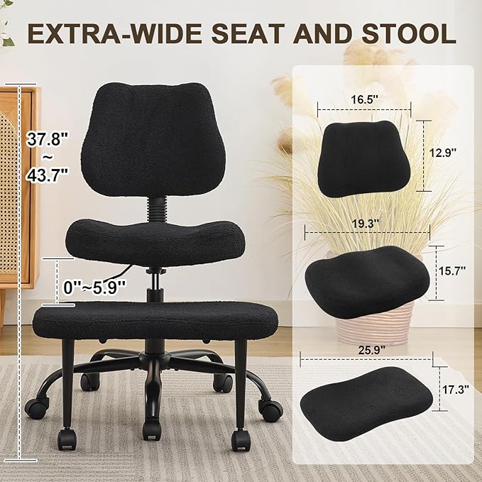Criss Cross Legged Meditaion Chair,Exquisite Home Office Furniture,Ergonomic Kneeling with Lumbar Support and Adjustable Height Stool,for ADHD Adults,Teddy Fabric (Black)