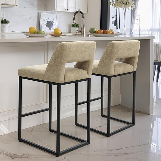 Counter Height Bar Stools Set of 2 for Kitchen Counter Modern Bar Chairs with Backs for Kitchen Island with Upholstered Fabric Seat and Metal Frame, Khaki, 26 Inch