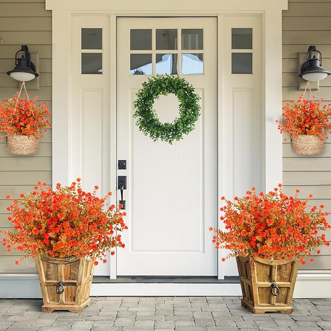 Sggvecsy 24 Bundles Artificial Flower Fall Eucalyptus Plants Fake Bushes Boxwood Shrubs Outdoor Greenery UV Resistant Faux Plastic Plants for Home Garden Indoor Fall Thanksgiving Autumn Decor (Fall)