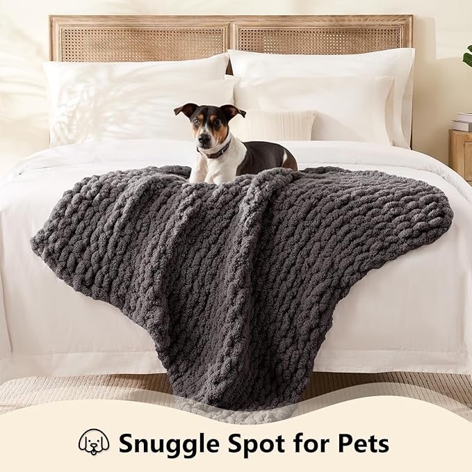 L'AGRATY Chunky Knit Blanket Throw - Soft Chunky Throw Blanket 30x40: 100% Hand Kintted Chenile Crochet Throw Blanket for Couch - Large Cable Knit Chunky Blanket for Home Decor(Dark Grey)