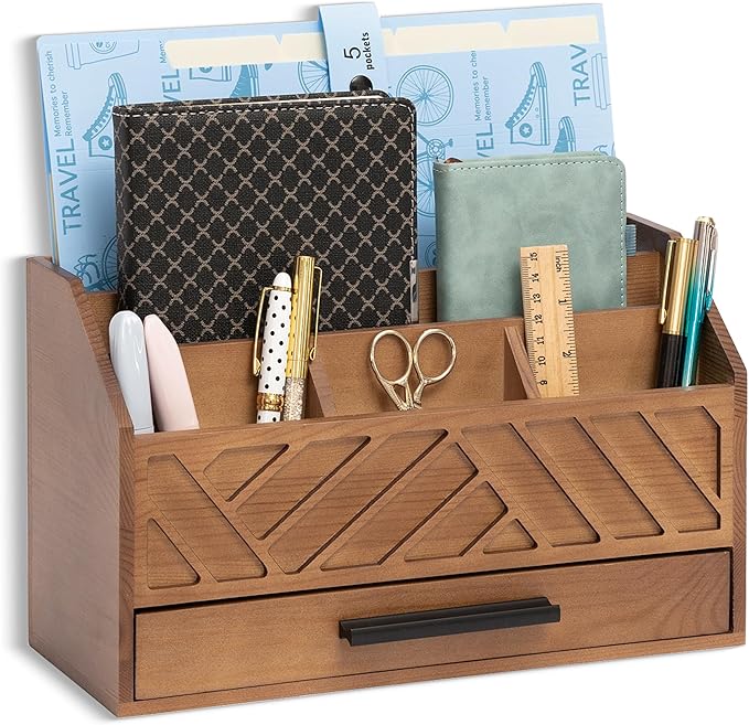Brown Wood Desk Organizer and Accessories with Drawer, Bill Mail Organizer and File Mail Holder for Office Supplies, Modern Desk Accessories & Workspace Organizers for Desk Organization