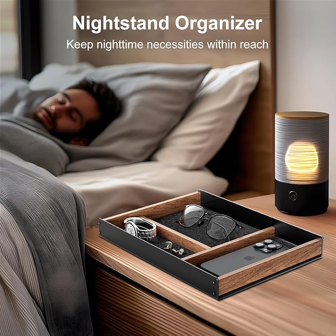 UPERGO Desk Drawer Organizer Tray, Mens Valet Made of Aluminum and Walnut, Aesthetic Desk Accessories for Office Home Supplies