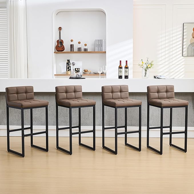 Bar Height Stools Set of 4, Upholstered Barstools with Back and Thickened Metal Frame, Modern 30-inch Tall Bar Chairs for Kitchen Island, Bar, Counter (Coffee Brown, 4Pcs 30" Bar Stools)
