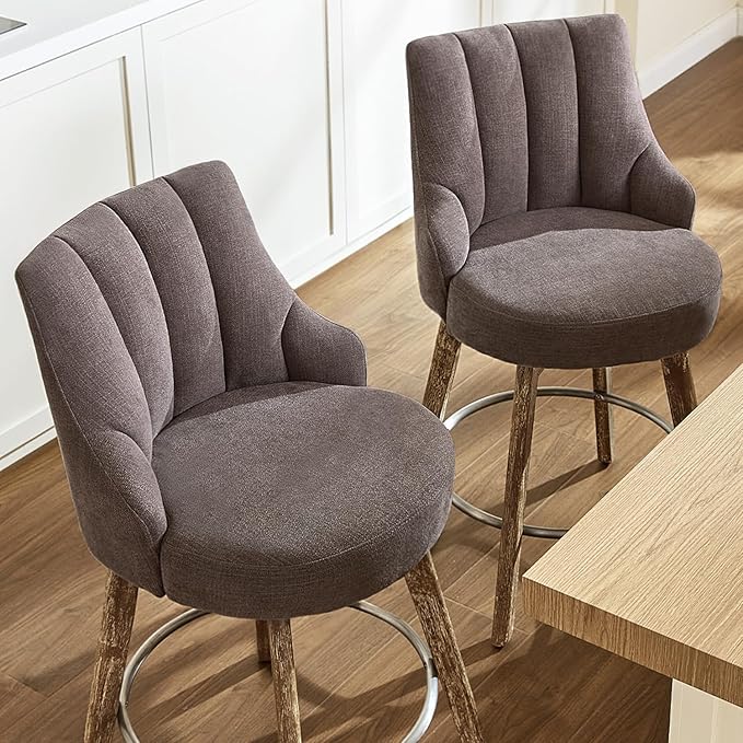 Counter Height Bar Stools,Swivel Bar Stools with Backs,Barstools Set of 4,26'' Solid Wood Legs,Thick Seat Upholstered Linen Fabric Counter Height Stools in Grey