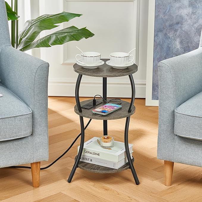 Small Round Side Table with Charging Station, 3-Tier Waist Circular End Table with Storage Shelf, Compact Tea Sofa Side Table Small Spaces, Round Corner Coffee Table for Living Room Bedroon,Grey
