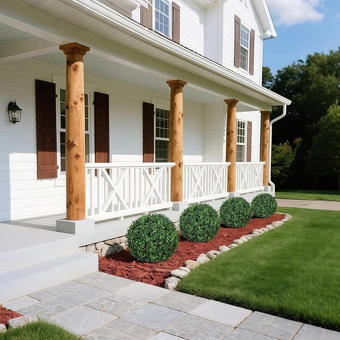 25.6'' Faux Outdoor Plants with Spike, 1PCS UV Resistant Artificial Boxwood Balls Topiary Tree Outdoor, Realistic Fake Plants Outside for Balcony Yard Garden Porch Entryway Front Door Decor