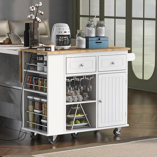 Merax Rubber Wood Kitchen Island with Adjustable Storage, Rolling Kitchen Storage Cart with Drop Leaf, Open Storage, Wine Rack, 5 Wheels for Home, Kitchen, Dining Room, White