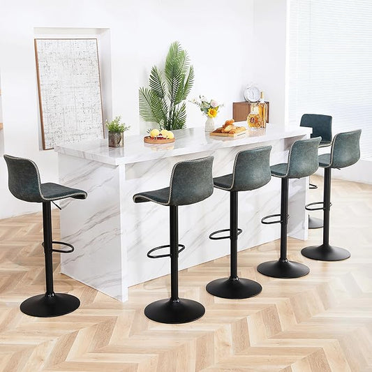 HeuGah Bar Stools Set of 6, Swivel Counter Height Barstools with Back, Adjustable Height 24" to 32", Faux Leather Bar Chairs for Kitchen Island (Deep Teal, Set of 6 (24'' to 32''))