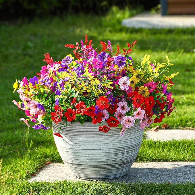 SHareconn 48 Bundles Artificial Flowers for Outdoors Decoration, Faux Plants Fake Silk Colorful Daisy Eucalyptus Lavender, UV Resistant for Outside Home Porch Patio Indoor Spring Decor, Mix 5 Colors