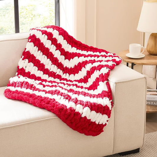 L'AGRATY Chunky Knit Blanket Throw - Soft Chunky Throw Blanket 30x40: 100% Hand Kintted Chenile Crochet Throw Blanket for Couch - Large Cable Knit Chunky Blanket for Home Decor(Red and White)