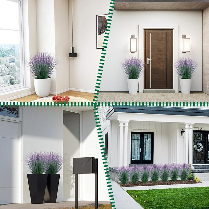 36Pcs Artificial Grass Plants, Faux Shrubs Wheat Grass, Artificial Tall Grass Fake Plants for Outdoor Decor,Artificial Greenery Stems Weed for Room Indoor Home Decor（Green Purple Tail）