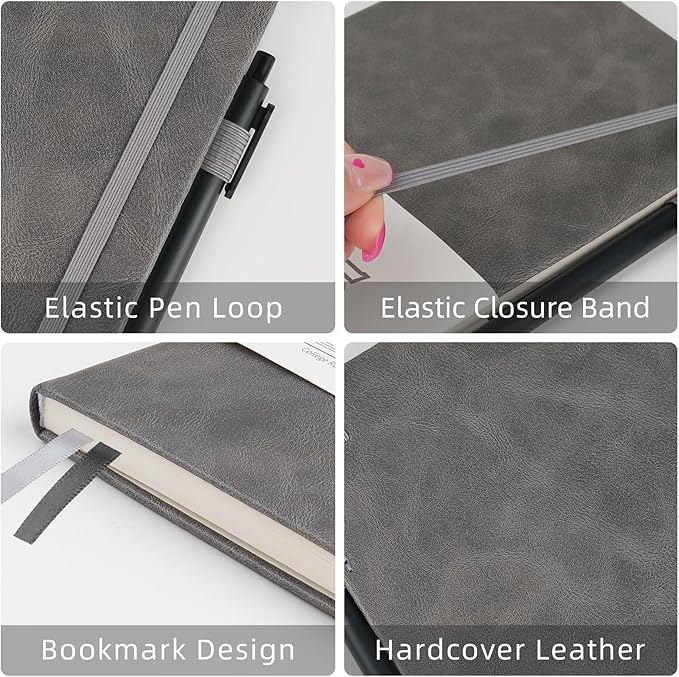 Notebooks Journal for Women Men 3 Pack Bulk Leather Hardcover with Pen Holder A5 160 Pages 100 GSM Thick Paper for Work School Lined Gray