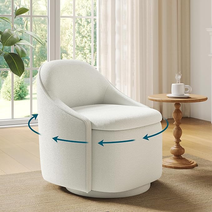 LINSY Swivel Accent Chair with Storage Comfy Chenille Barrel Chairs, Small 360 Swivel Modern Armchair for Living Room Bedroom, Boucle Reading Chair for Study Room (Beige)