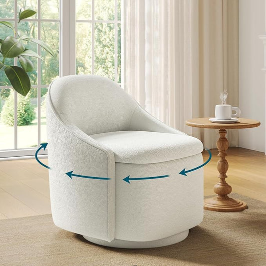 LINSY Swivel Accent Chair with Storage Comfy Chenille Barrel Chairs, Small 360 Swivel Modern Armchair for Living Room Bedroom, Boucle Reading Chair for Study Room (Beige)