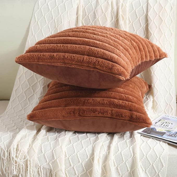 FUTEI Brown Striped Decorative Throw Pillow Covers 20x20 Inch Set of 2,Square Fall Decorations Couch Pillow Case,Soft Cozy Faux Rabbit Fur & Velvet Back,Modern Home Decor for Bed
