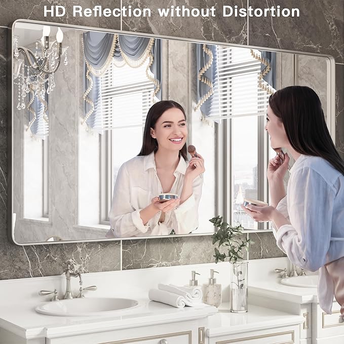 ISKM Silver Framed Mirror for Wal Bathroom Mirror for Wall 51" x 30" Matte Framed Vanity Mirror Anti-Rust, Tempered Glass, Rounded Rectangle Mirror(Horizontal/Vertical)