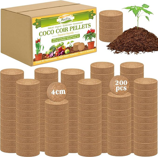 ZeeDix 200Pcs 40mm Compressed Coco Coir Fiber Potting Soil Seed Starters - Organic Coco Coir Pellet Fiber Soil for Planting Bonsai, Herbs, Flowers and Vegetables